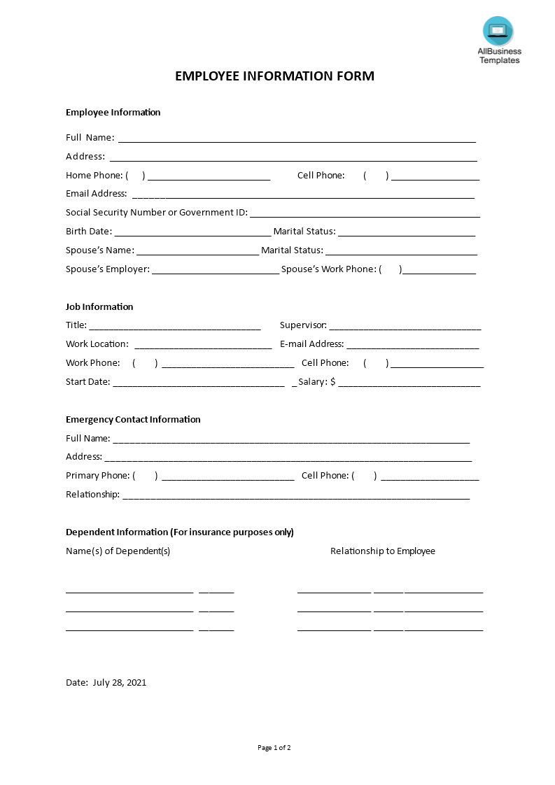 Employee Information form Templates at allbusinesstemplates com