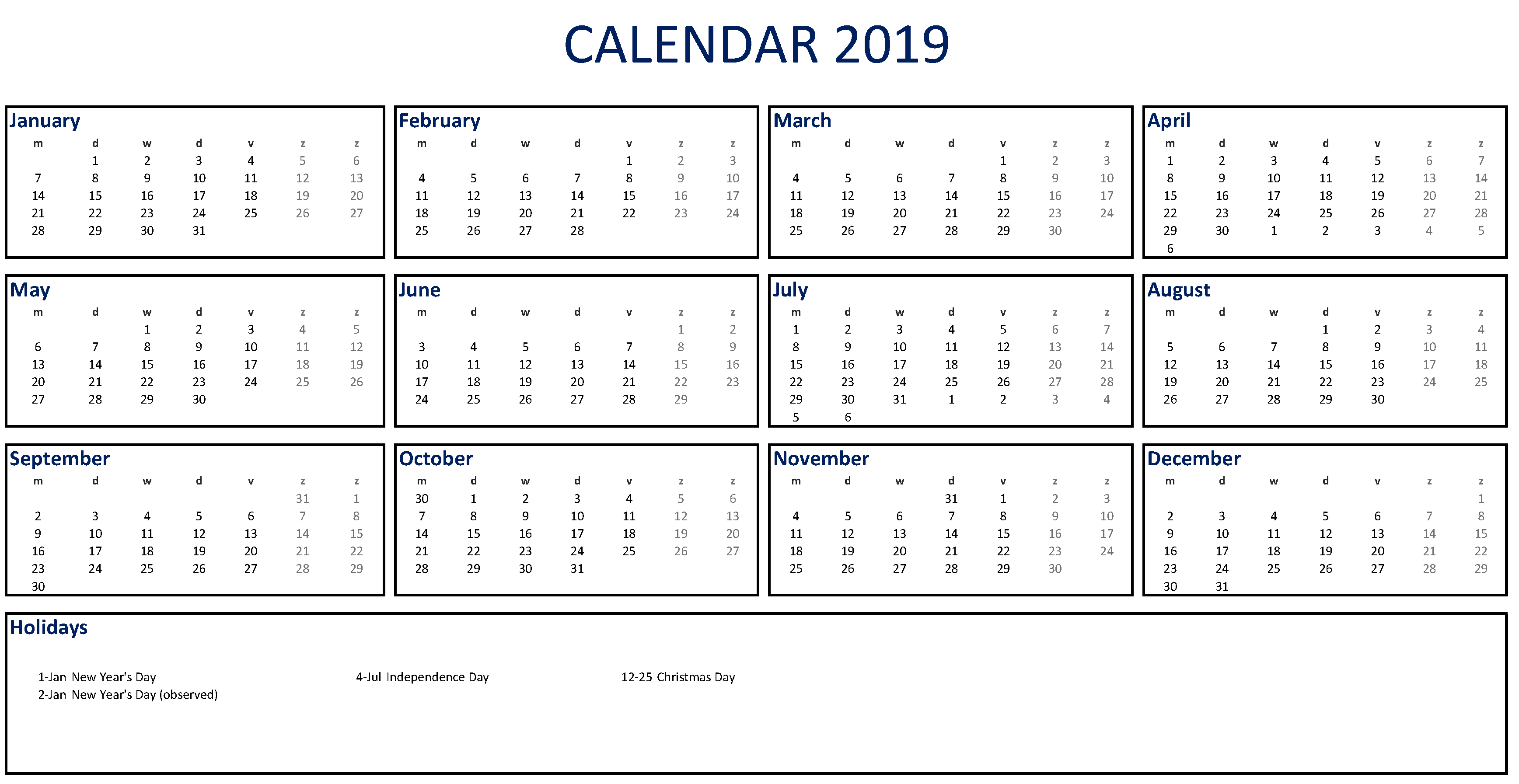 2019 calendar template excel 2 page monthly