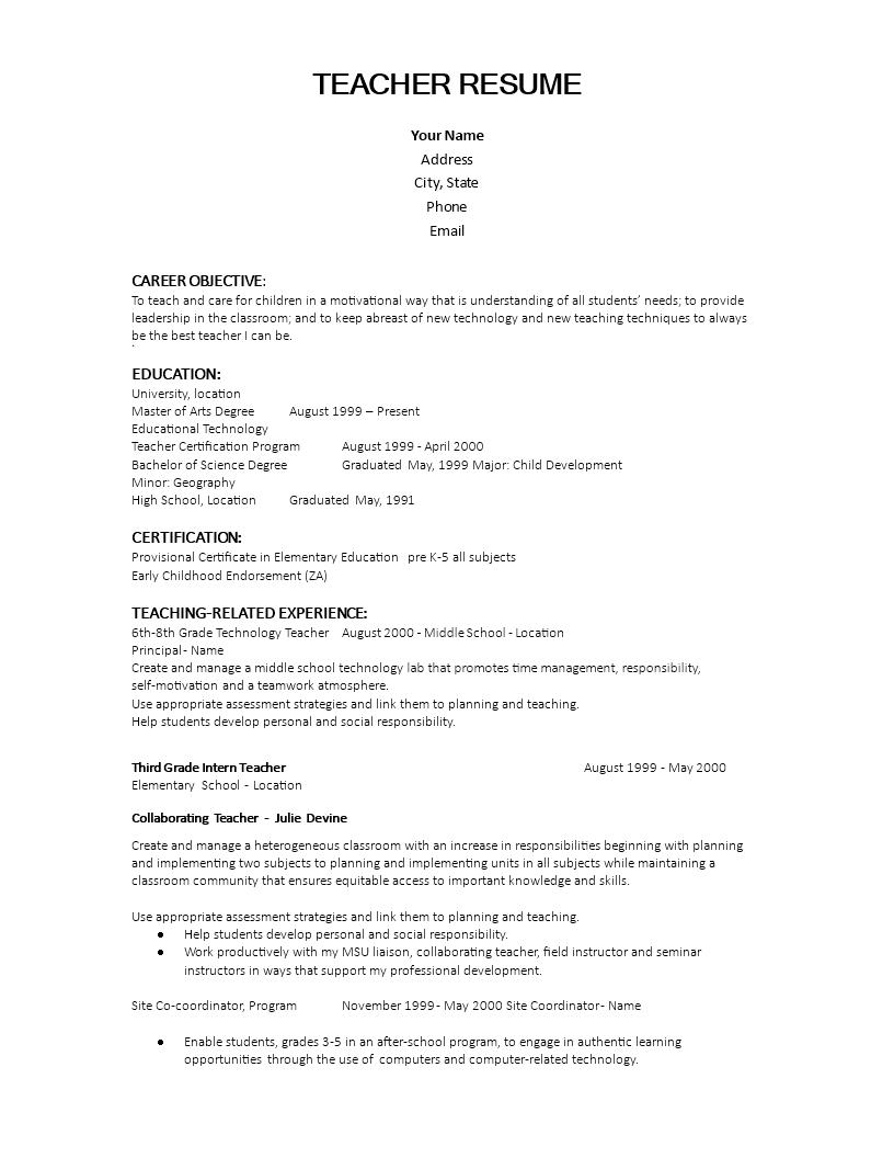 Experienced Teacher Resume Objective | Templates at ...