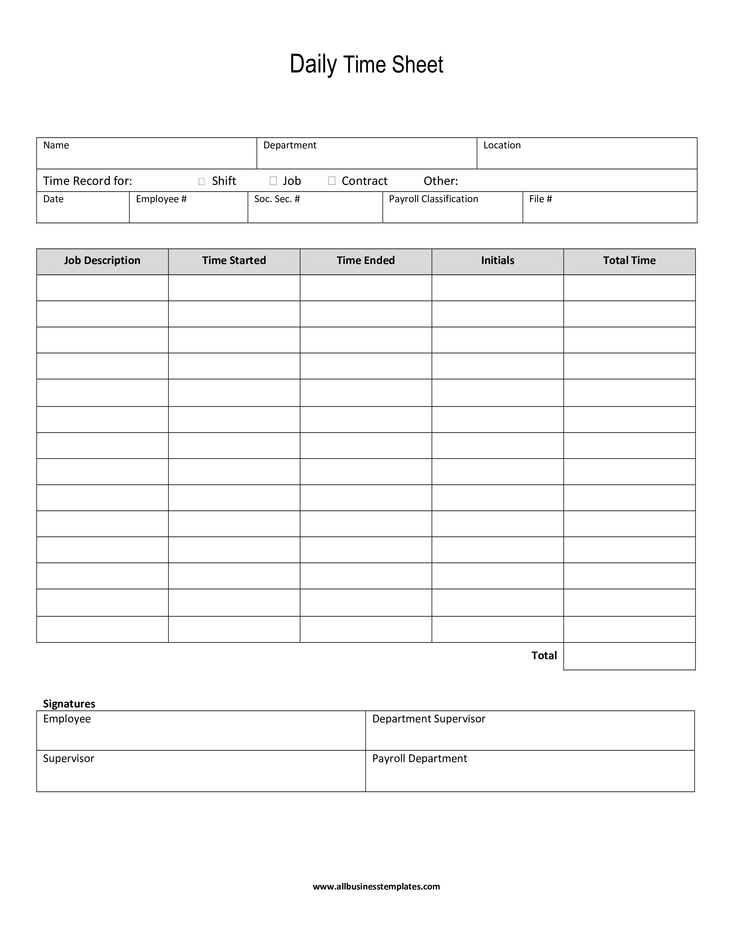 免费 Daily Time Sheet | 样本文件在 allbusinesstemplates.com