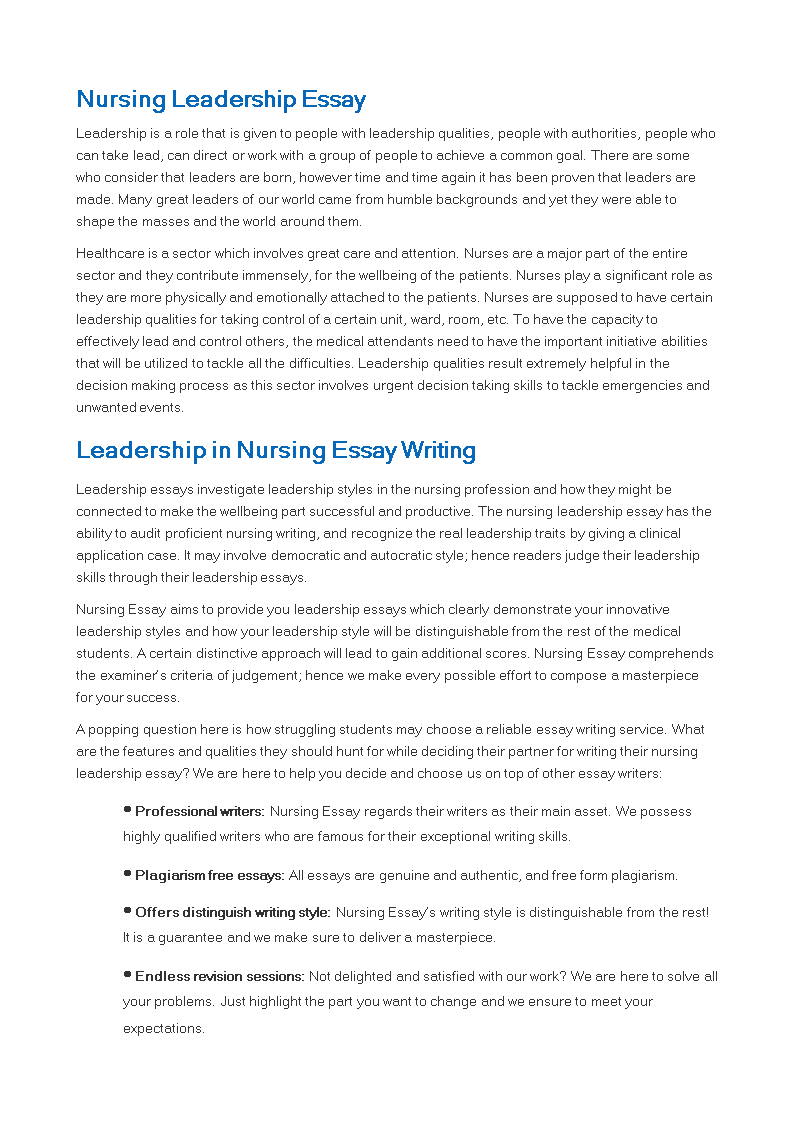 example essay leadership and management in nursing