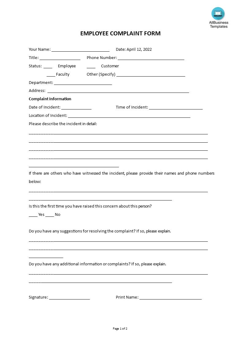 Employee Complaint Form Templates at
