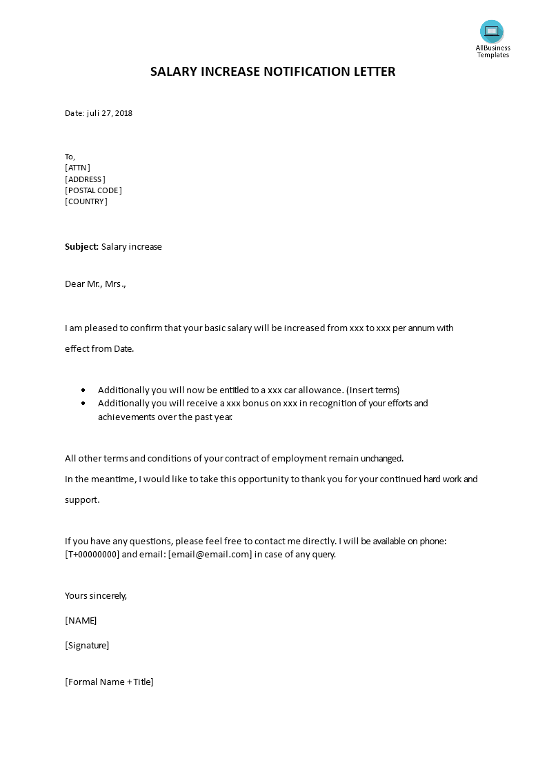Employee Pay Increase Letter Sample