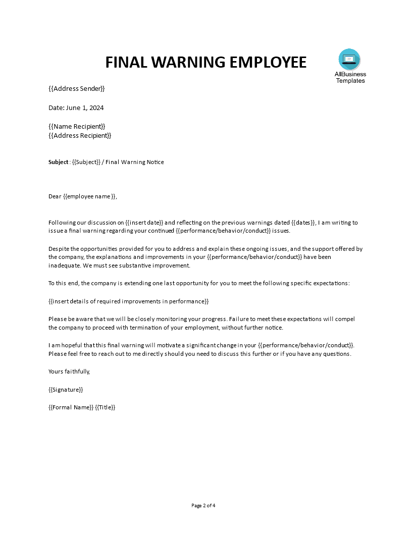 Final Warning Letter To Employee Poor Performance | Templates at ...