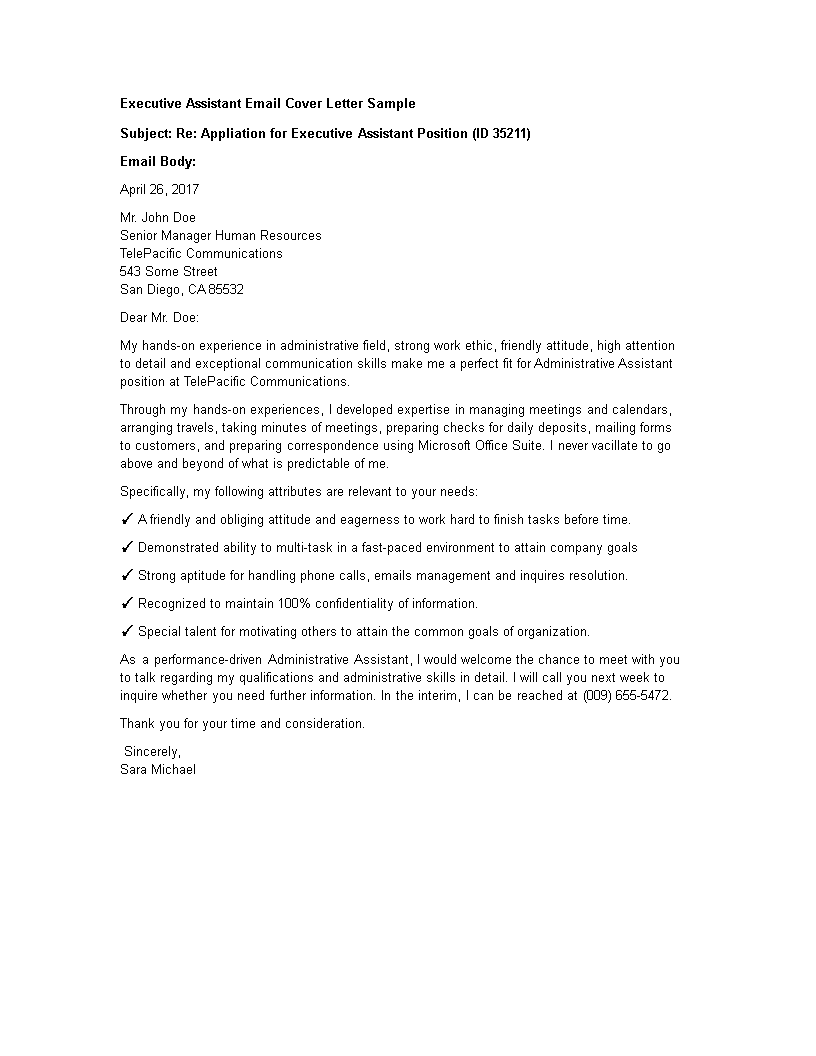 Executive Assistant Application Cover Letter by E mail Templates at