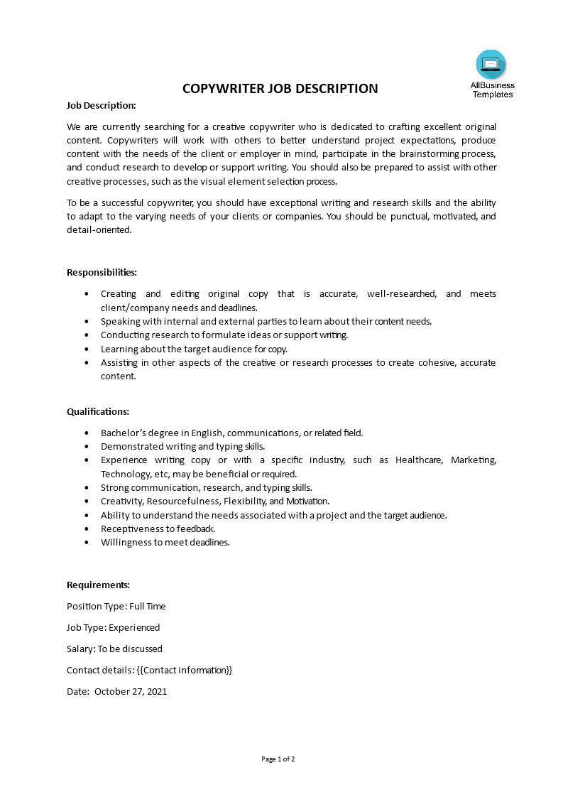 digital marketing copywriter job description Hauptschablonenbild
