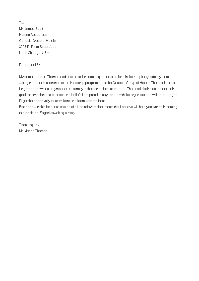 internship application letter for hotel