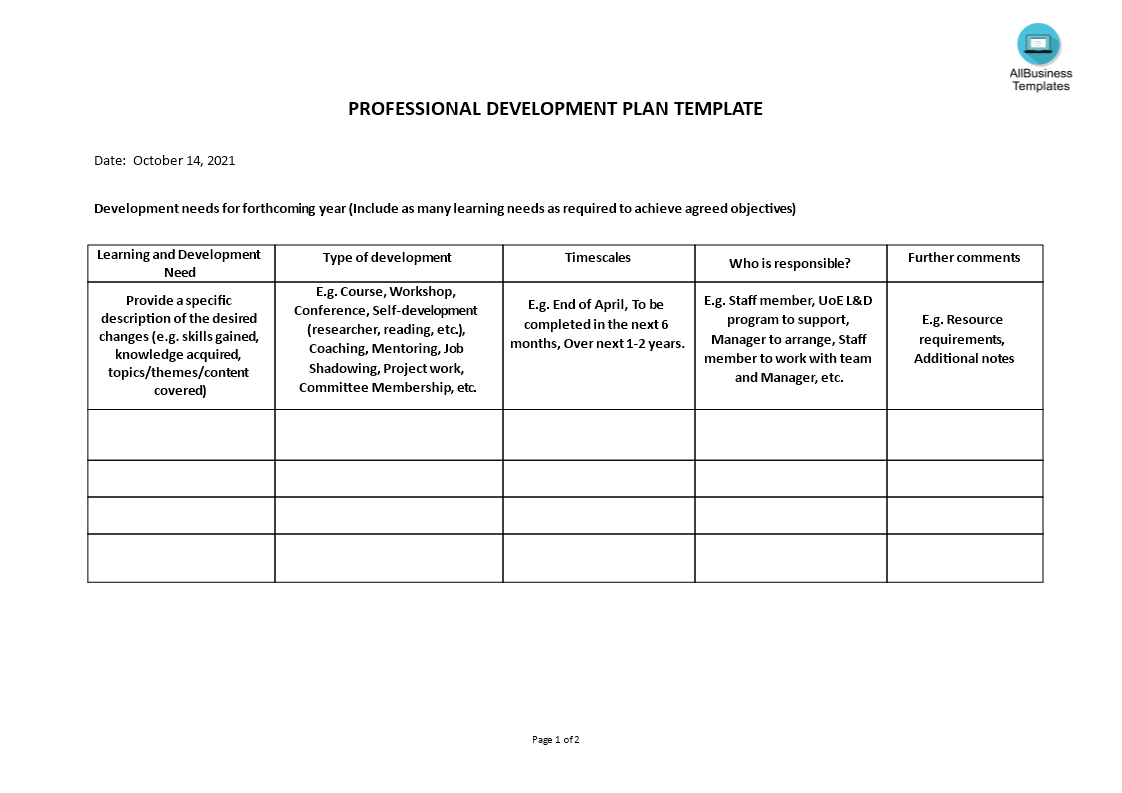 professional development plan template template