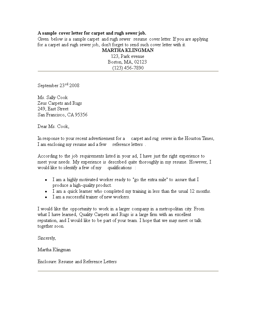 Carpet And Rugh Sewer Resume Cover Letter In Word Format2 main image