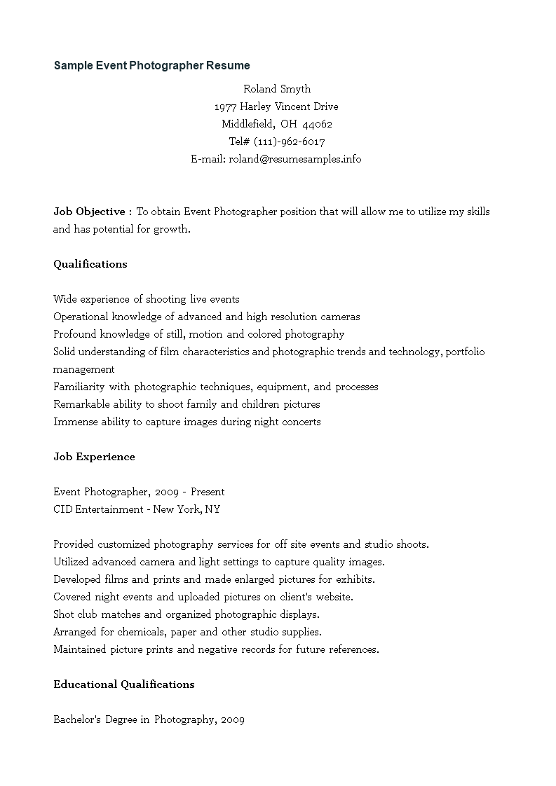 photography studio manager resume sample