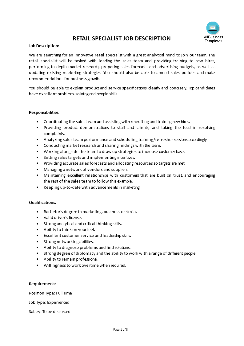 Retail Specialist Job Description Templates At Allbusinesstemplates