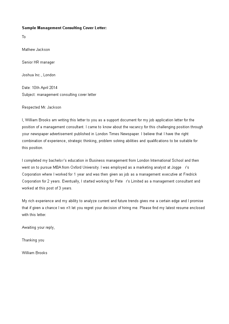 management consultant cover letter example