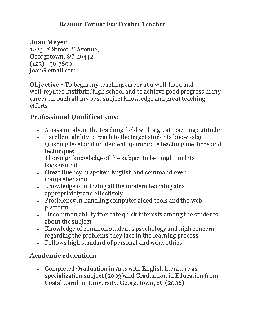 Fresher Teacher Resume Format | Templates at allbusinesstemplates.com