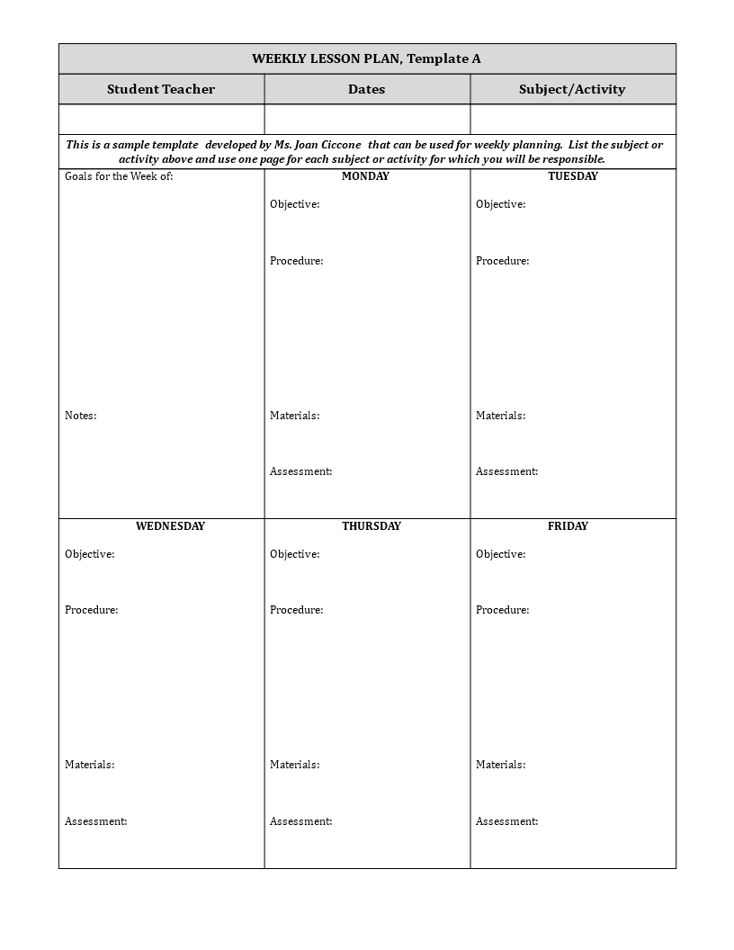  One Page Weekly Lesson Plan Allbusinesstemplates