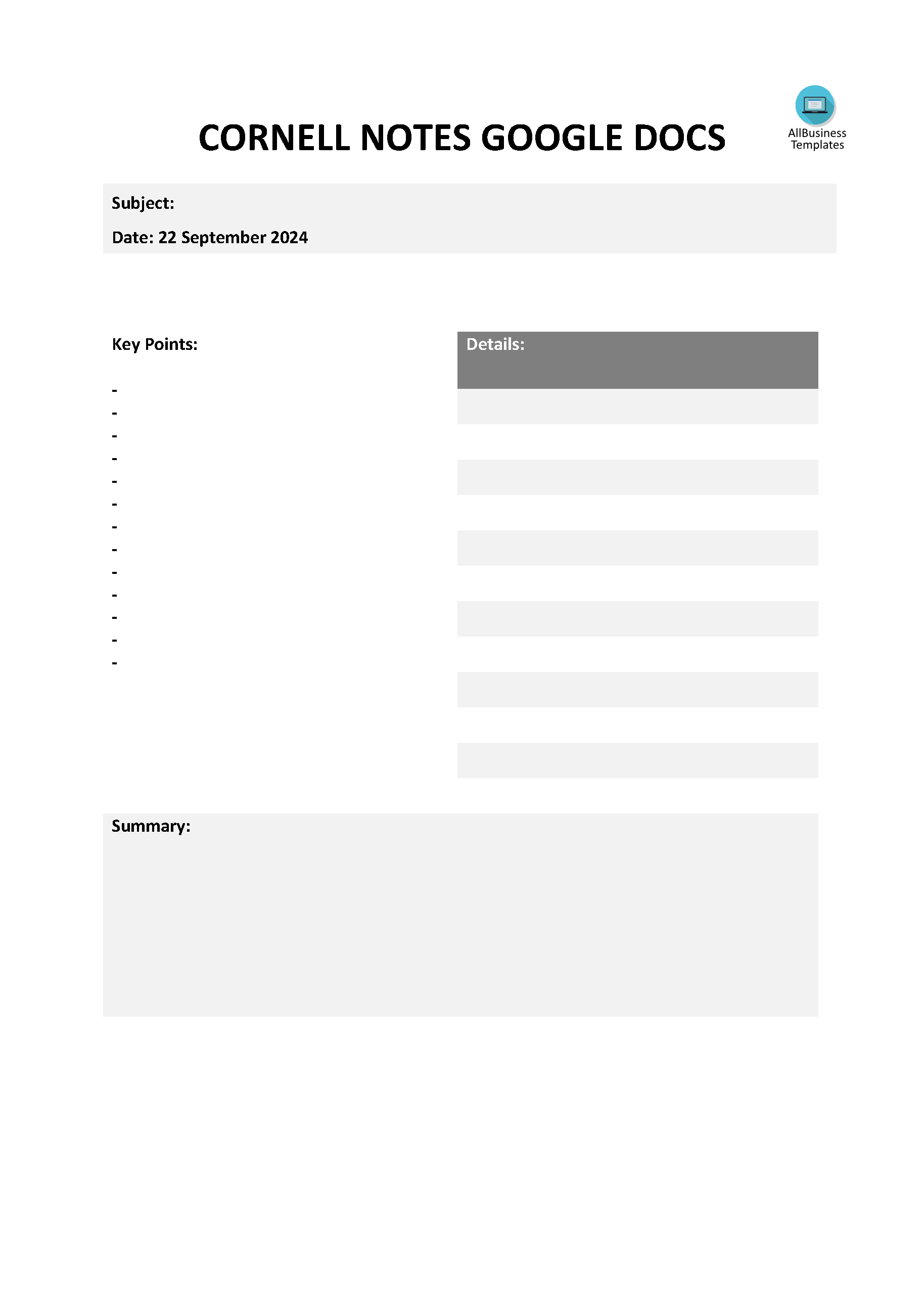 Cornell Notes Template Google Docs | Templates At Allbusinesstemplates.com