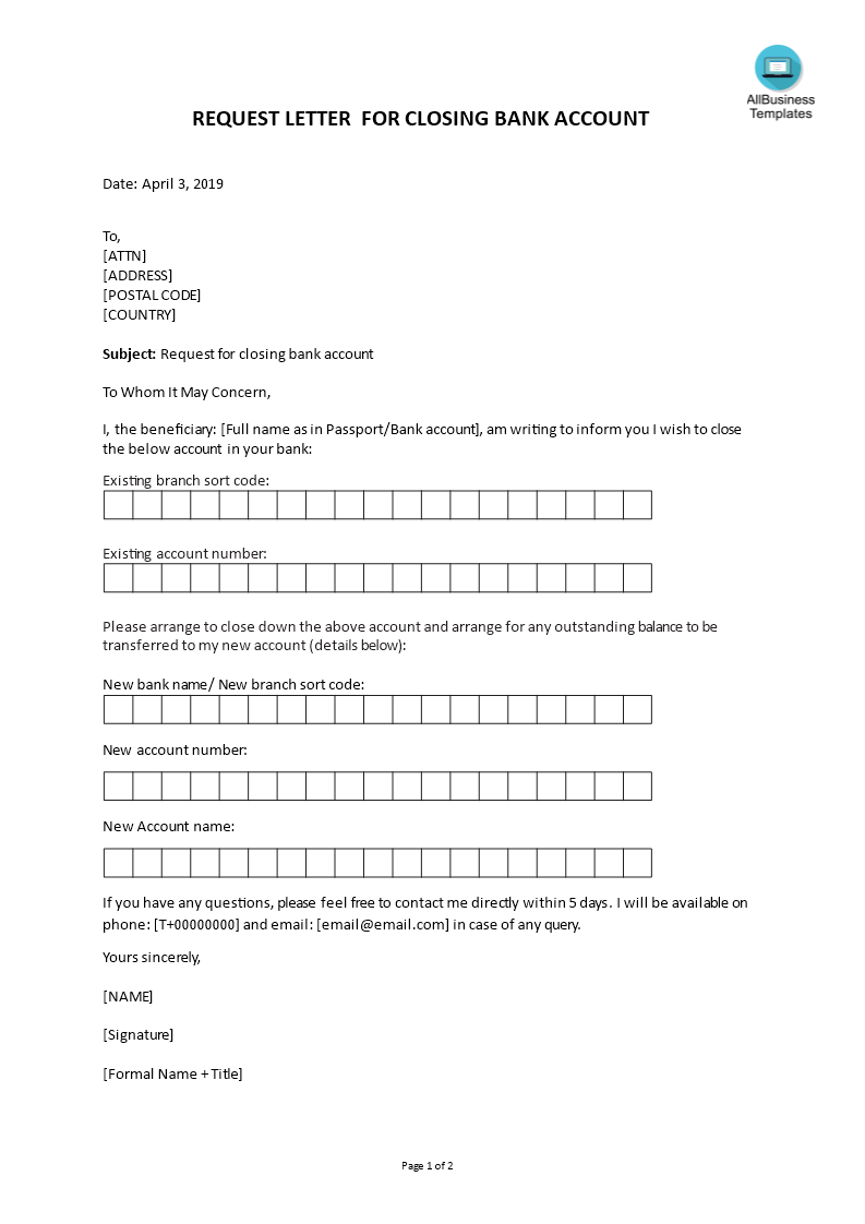 Request letter for closing bank account Templates at