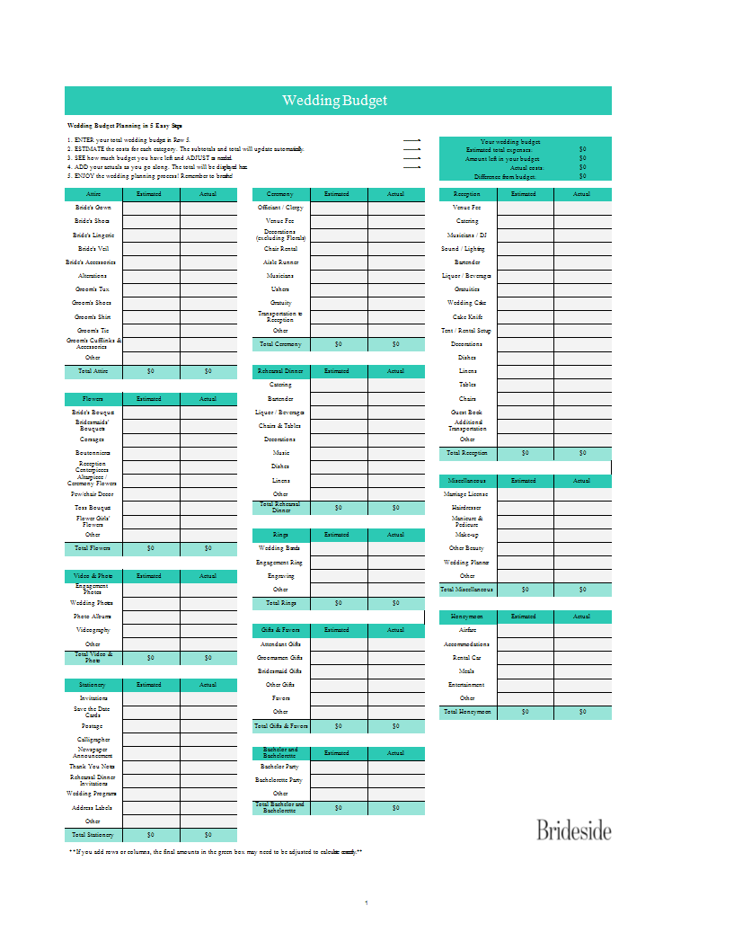 Free Printable Wedding Budget Worksheet Pdf From Vertex42