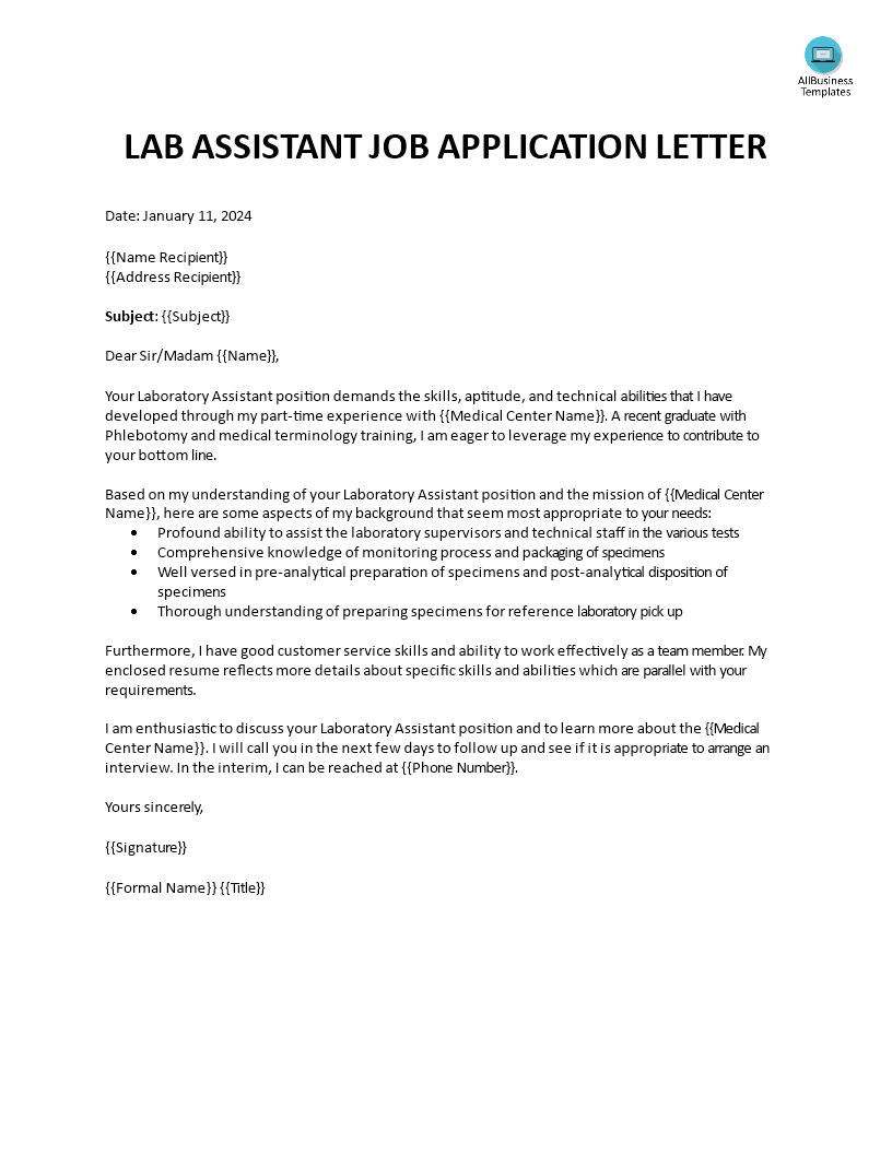 sample job application letter for lab technician