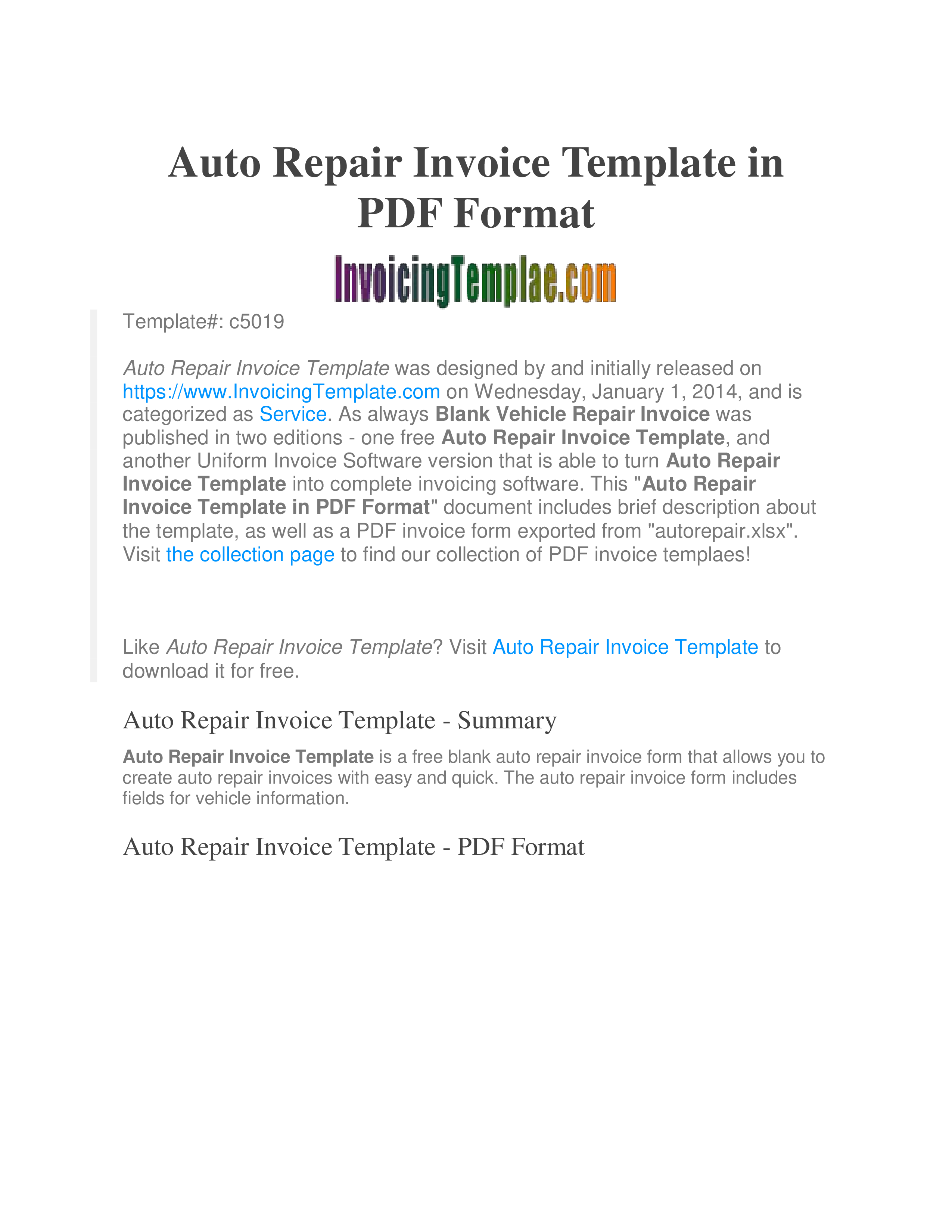 Printable Auto Repair Invoice Templates At Allbusinesstemplates