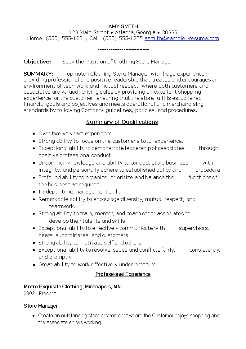 Clothing Store Manager Resume Templates At Allbusinesstemplates