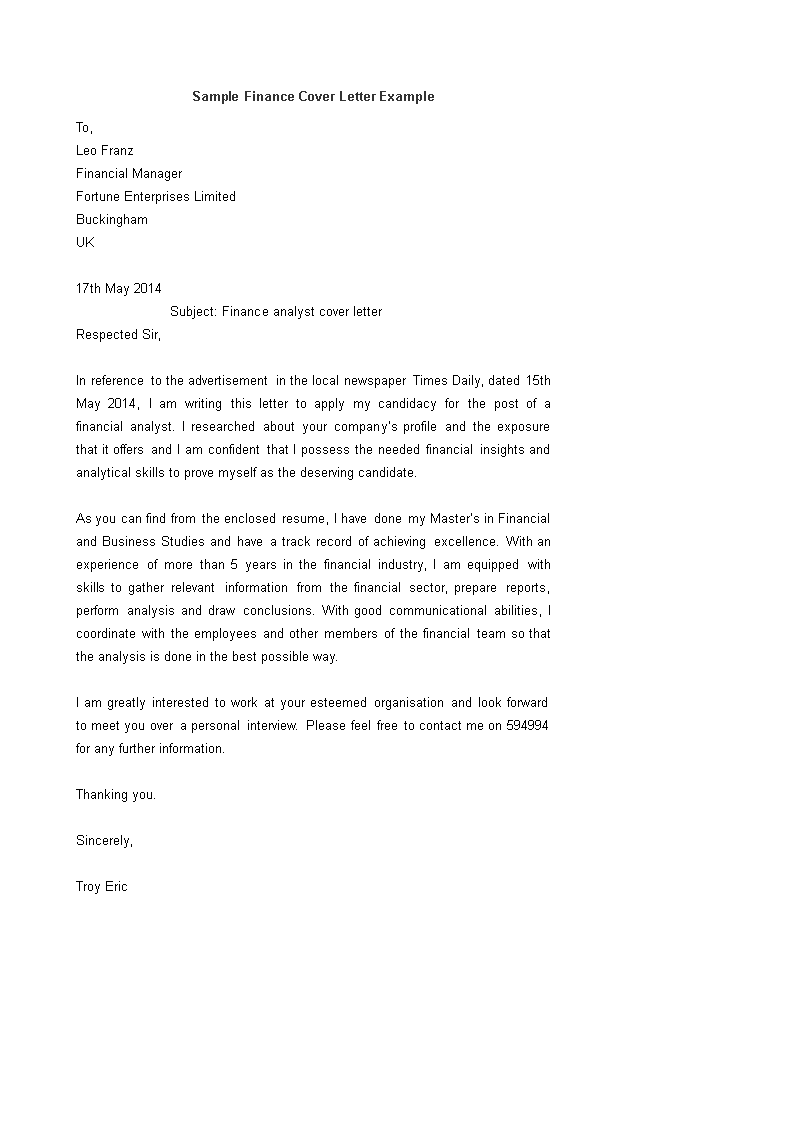 finance placement cover letter example