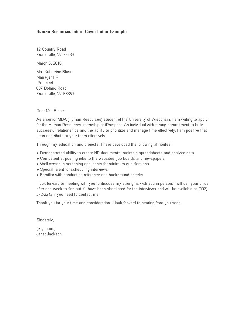 internship cover letter human resources