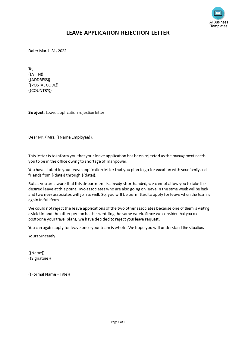 Leave Application Rejection Letter | Templates at allbusinesstemplates.com