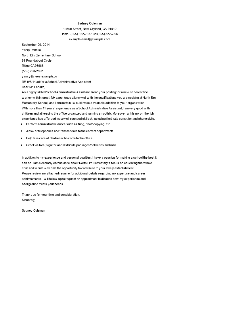 sample cover letter for school support staff