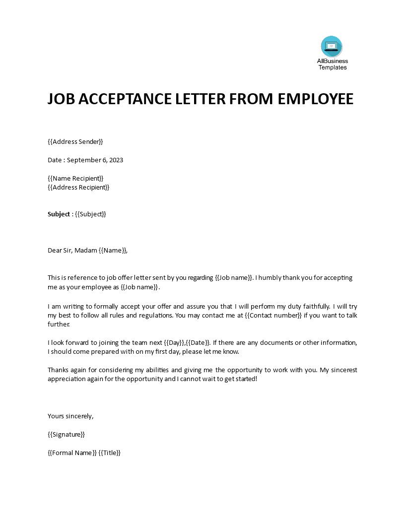 Acceptance Letter For Job Offer Templates at allbusinesstemplates com