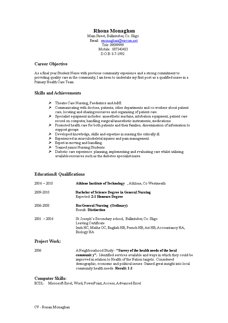 resume objective for nursing student