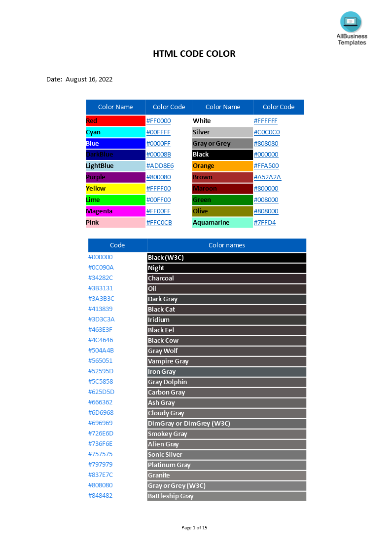 html kleur codes modèles