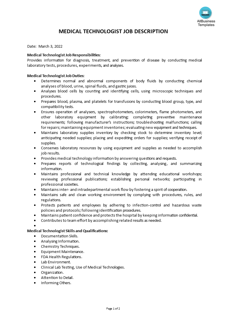 Gratis Medical Technologist Job Description