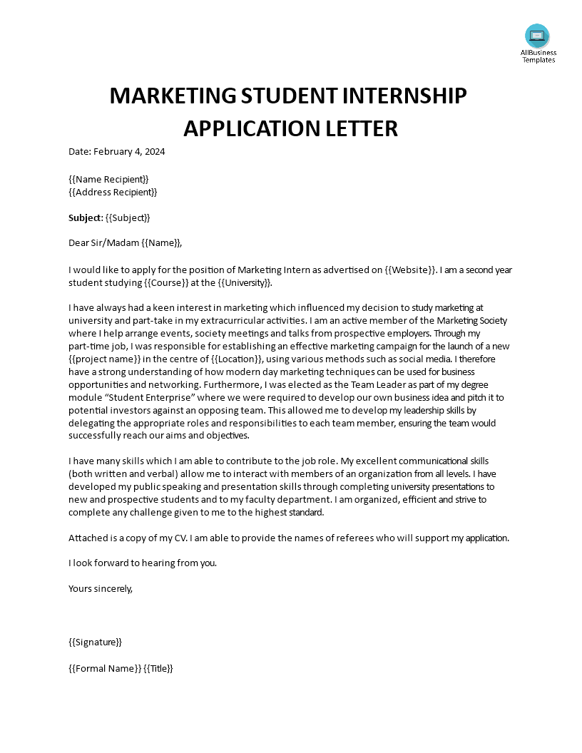 Marketing Student Internship Application Letter | Templates at ...