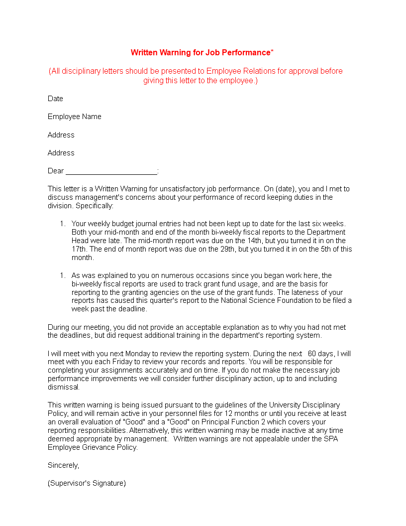 Staff Warning Letter Template For Unsatisfactory Job Performance Templates At 