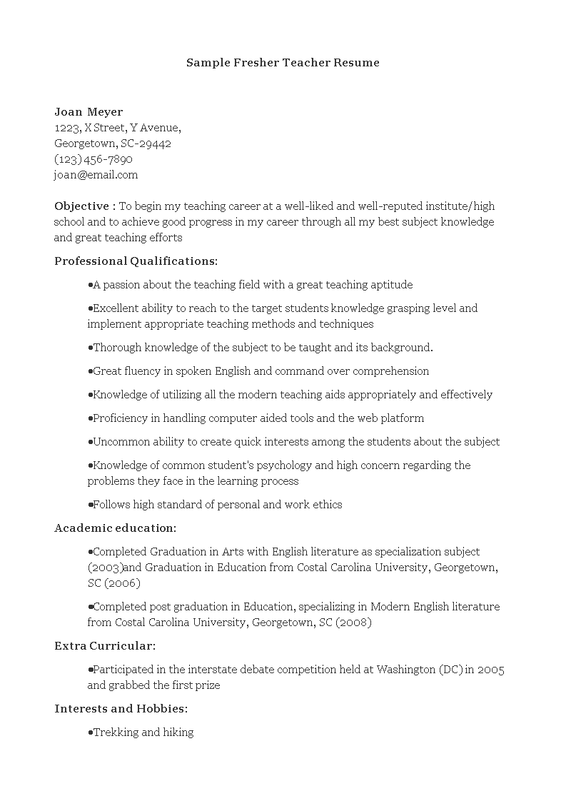 resume for teacher fresher pdf