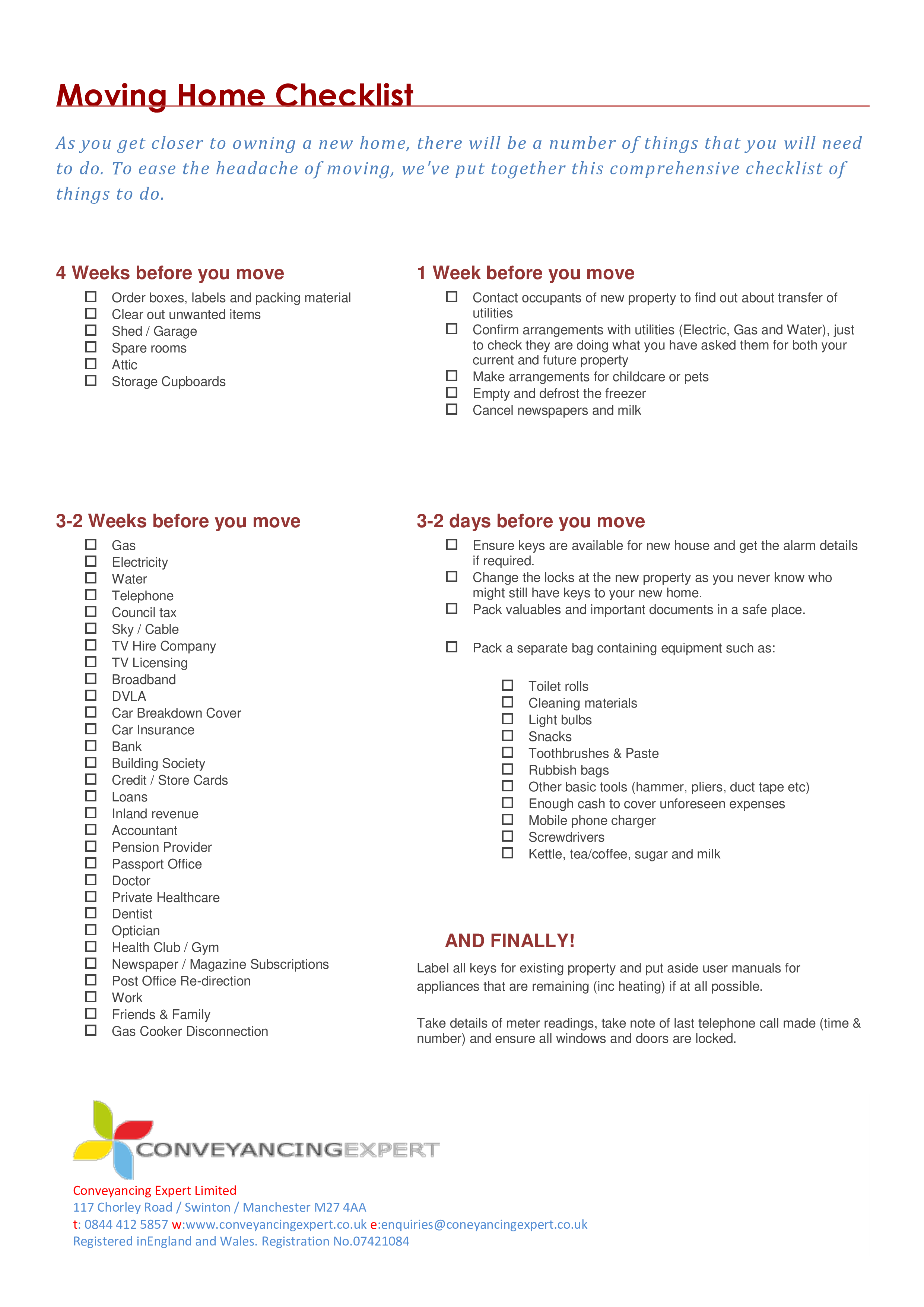 Printable House Moving Checklist Template