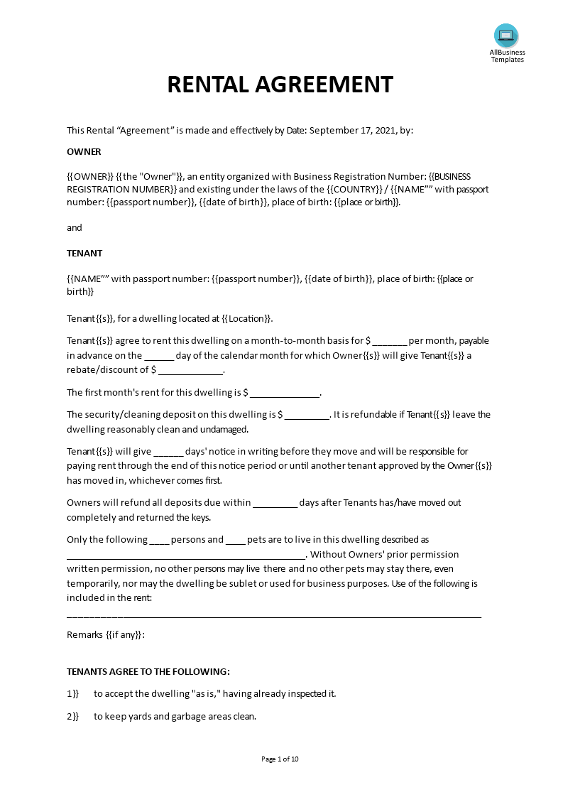 Rental Agreement | Templates at allbusinesstemplates.com