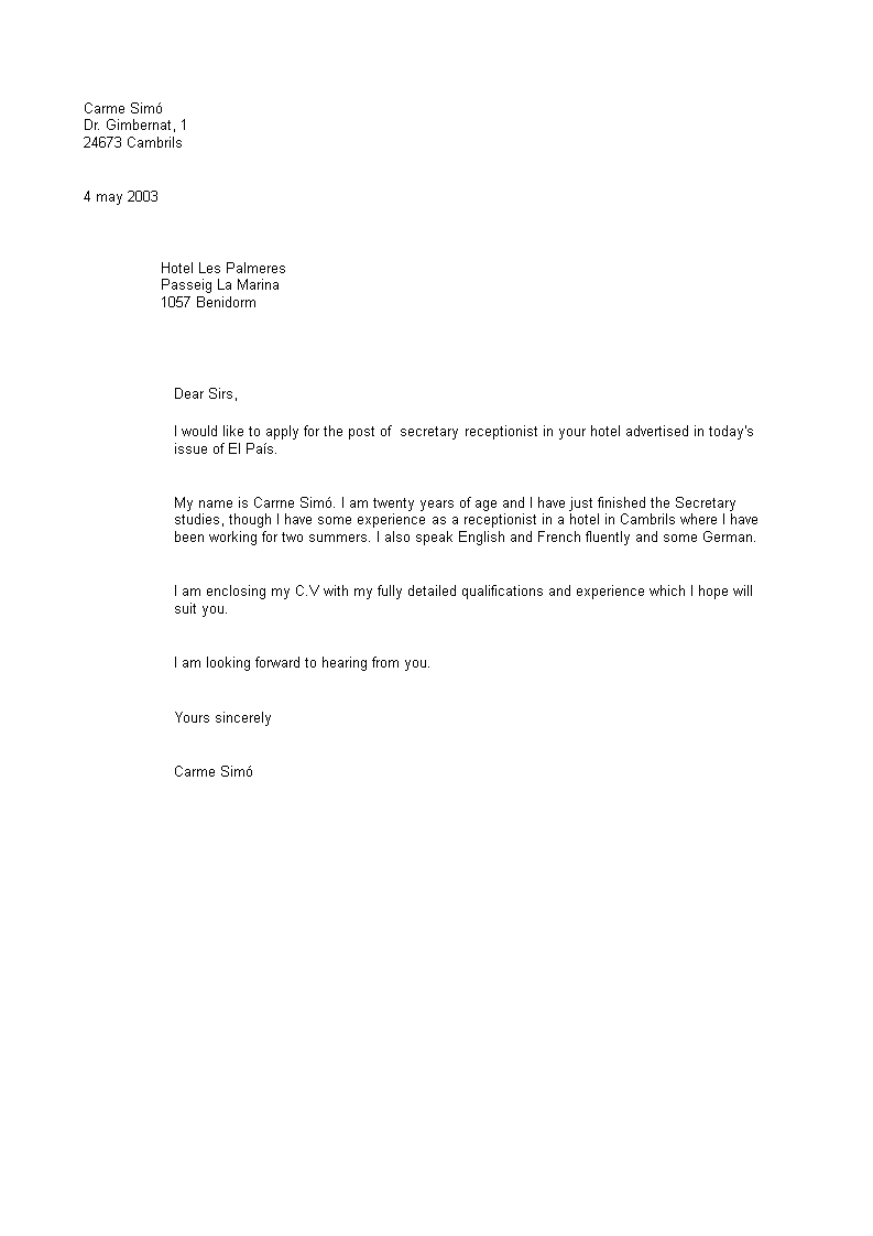 sample of an application letter as a receptionist