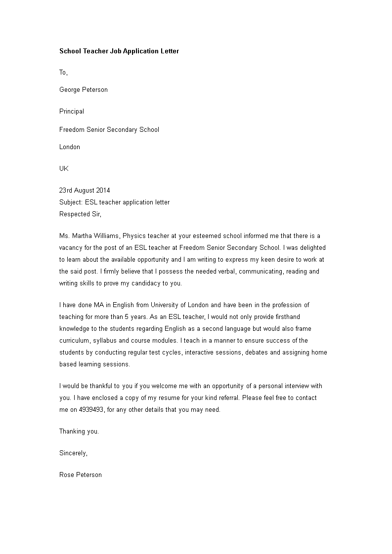 example of application letter to a secondary school