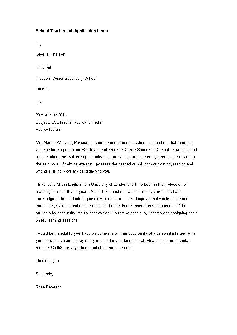 School Application Letter Template