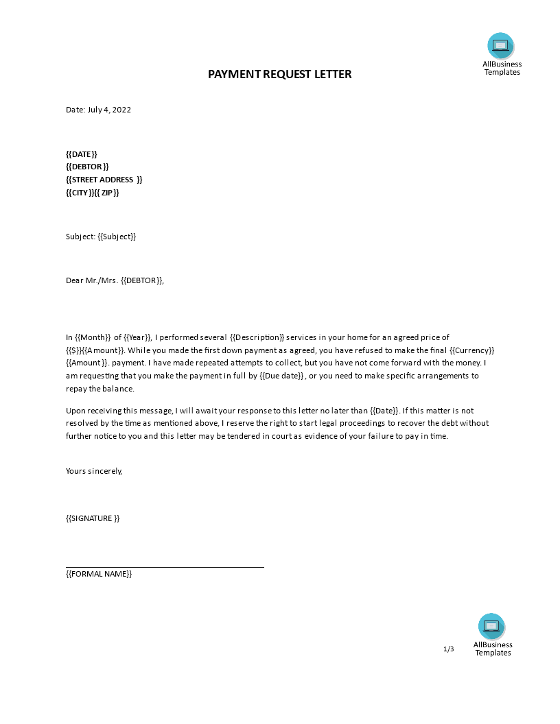 Payment request letter | Templates at allbusinesstemplates.com