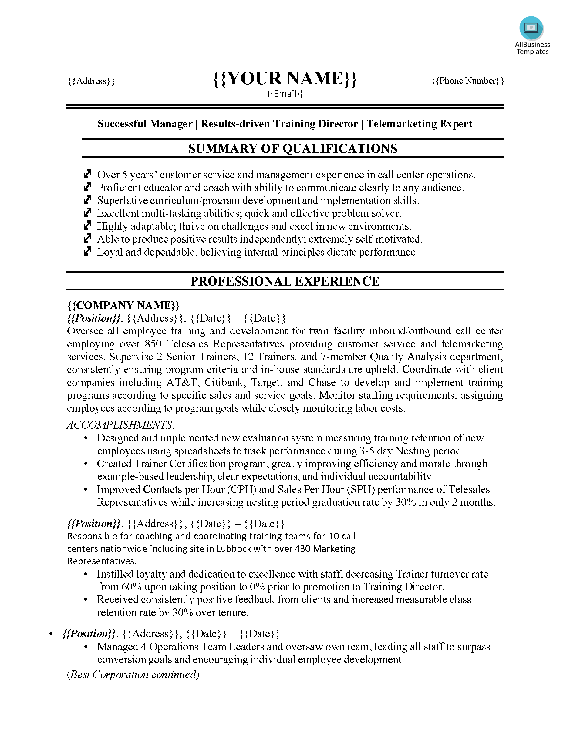 sample resume for customer service