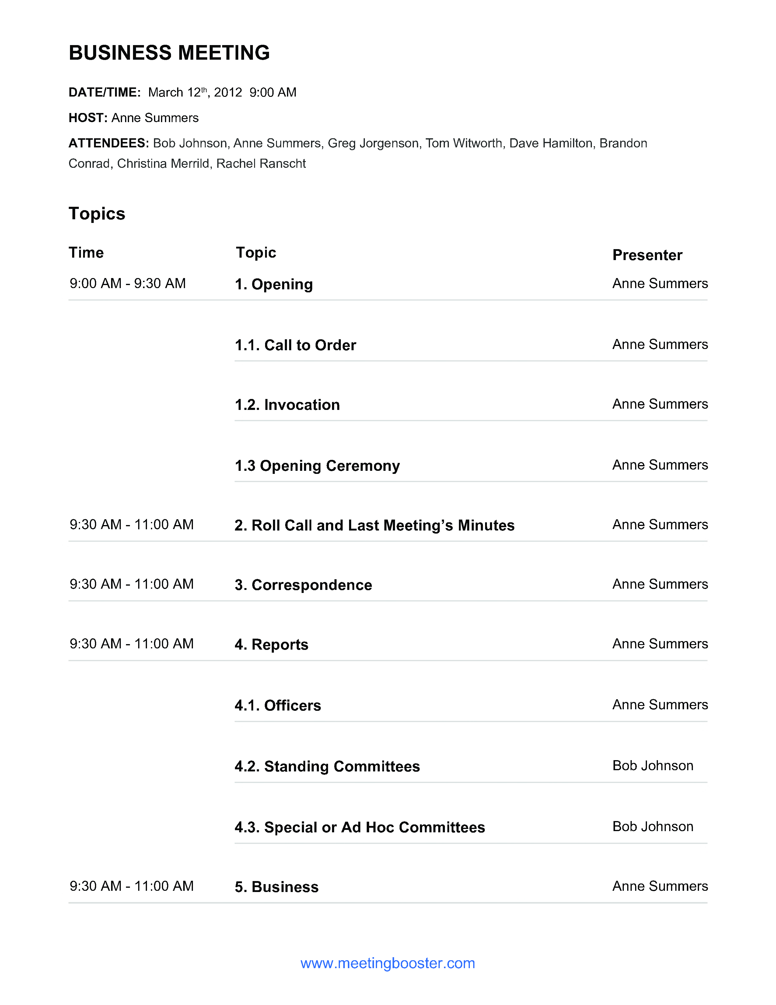 Format Business Meeting Agenda Sample Master Template