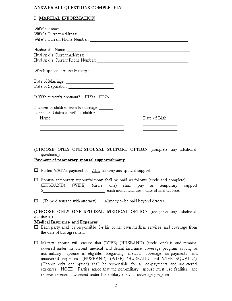 Separation Agreement Worksheet | Templates at allbusinesstemplates.com