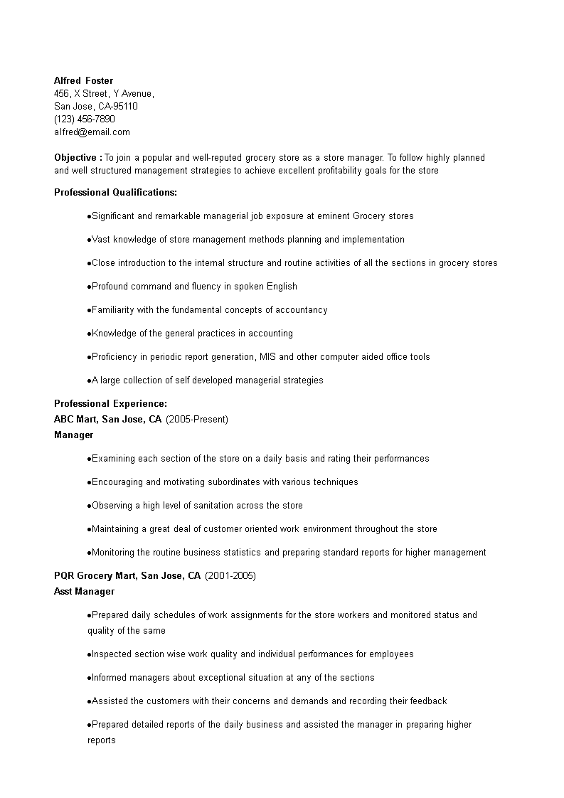 Grocery Store Manager Resume Templates At Allbusinesstemplates