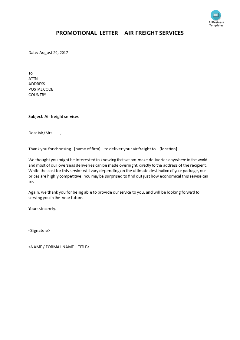 promotional letter - air freight services voorbeeld afbeelding 