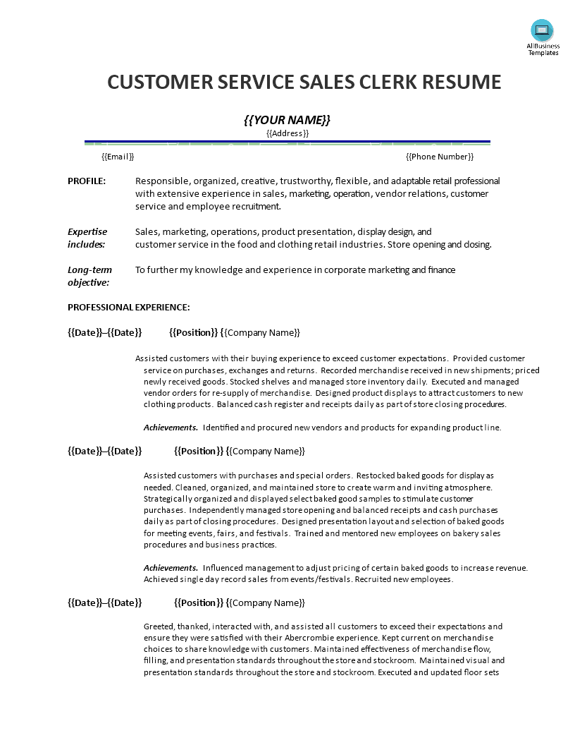 customer service clerk description for resume