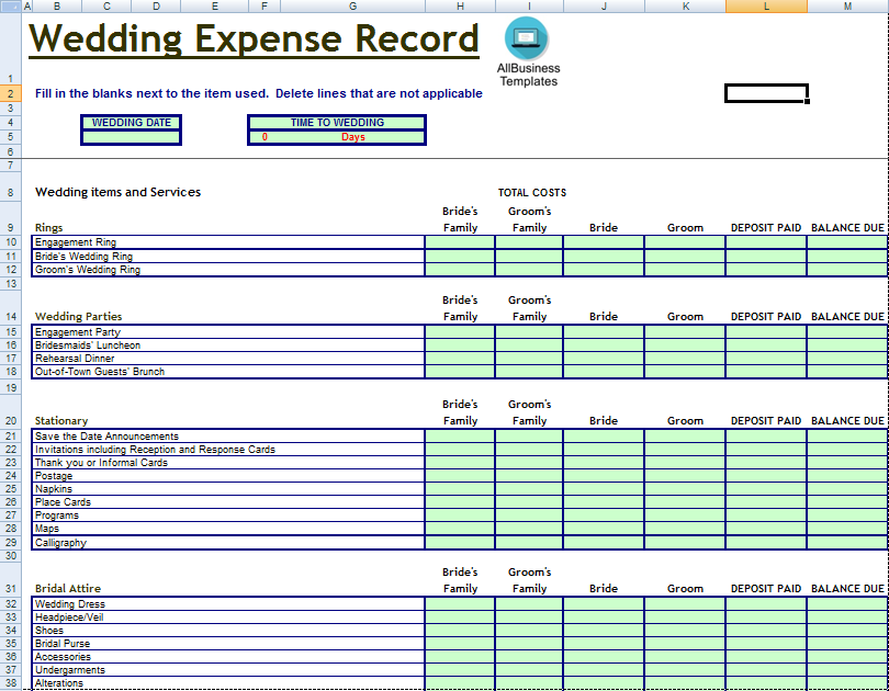 Wedding Expense Budget Record 模板