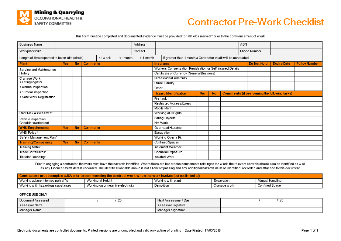 Contractor Pre Work Checklist Templates At Allbusinesstemplates