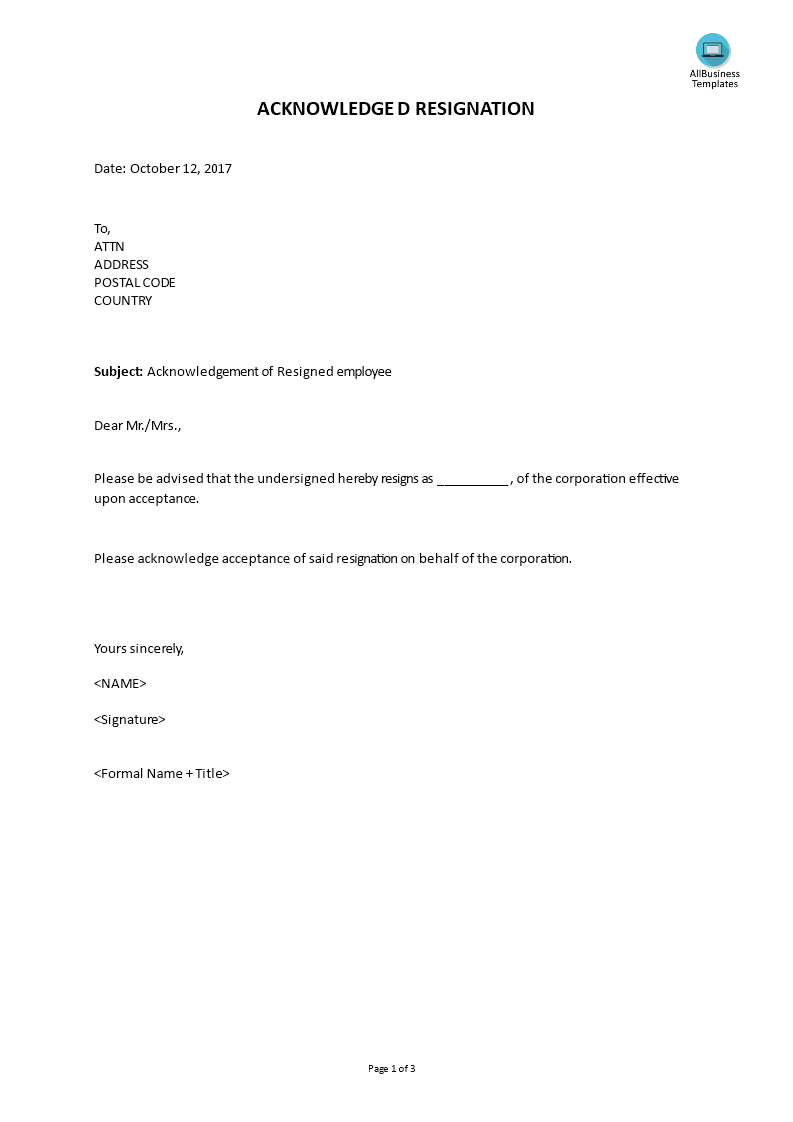 acknowledged resignation template